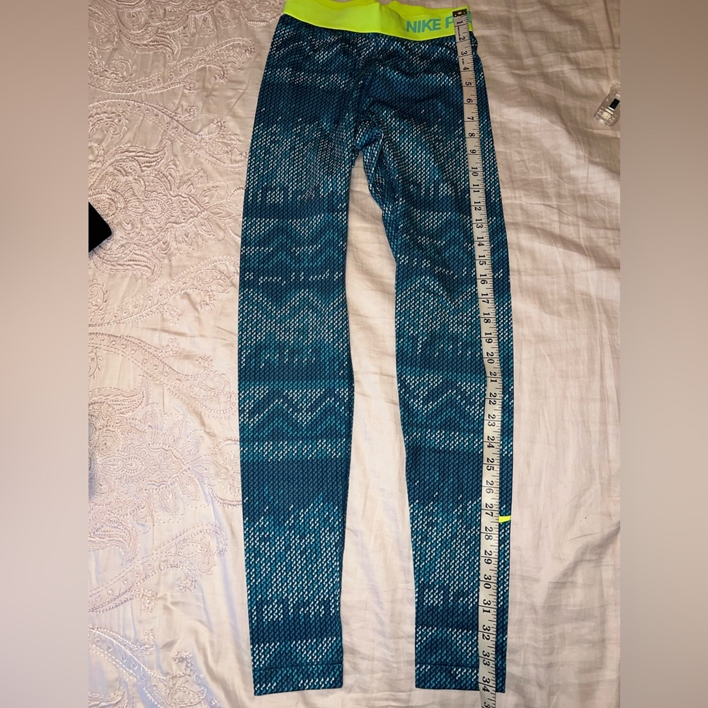 Nike Pro Leggings Blue Teal Neon Green Waistband Size XS - Picture 5 of 12